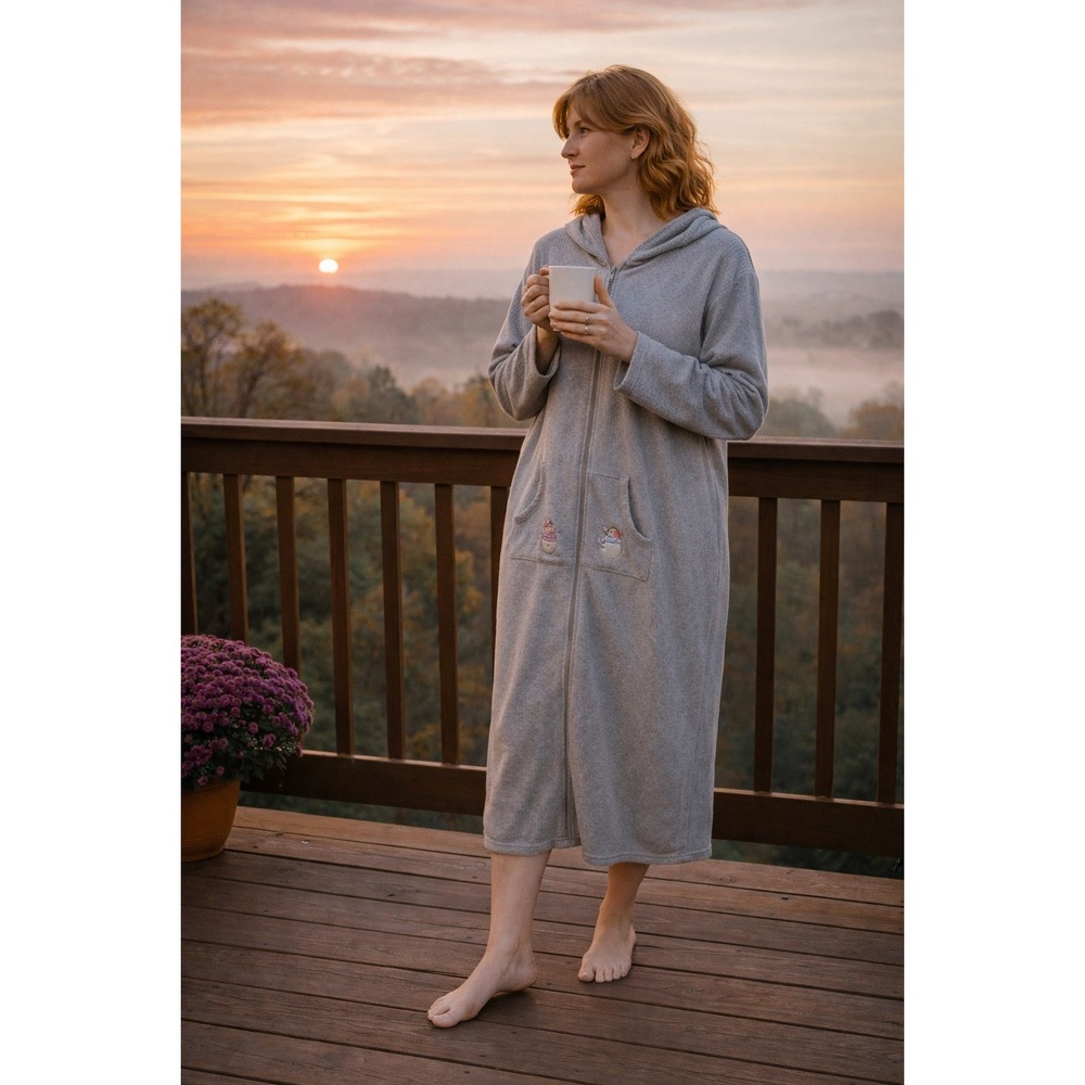 Soft Cozy Gray Snowman Zippered Fleece Hoodie Robe Medium Long Sleeve Pockets